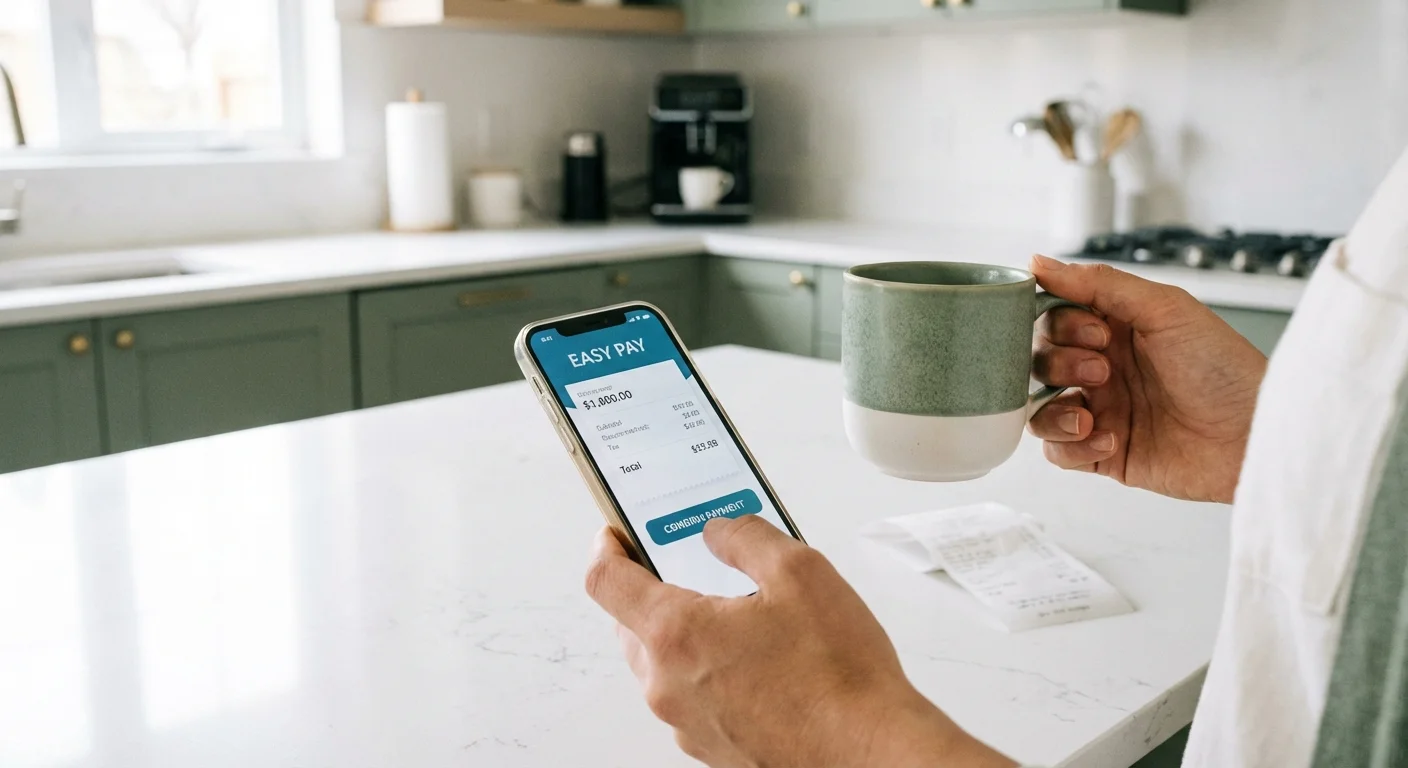 Close-up of someone paying a bill on their phone in a bright kitchen.