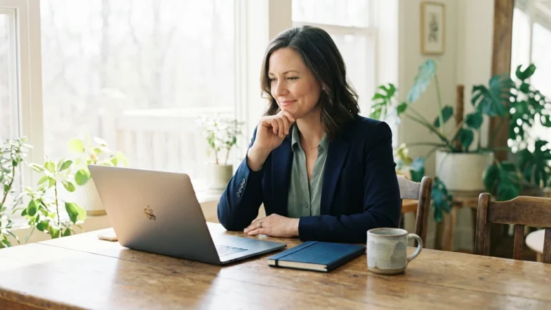 A professional woman looking at her laptop in a bright, modern home office setting.