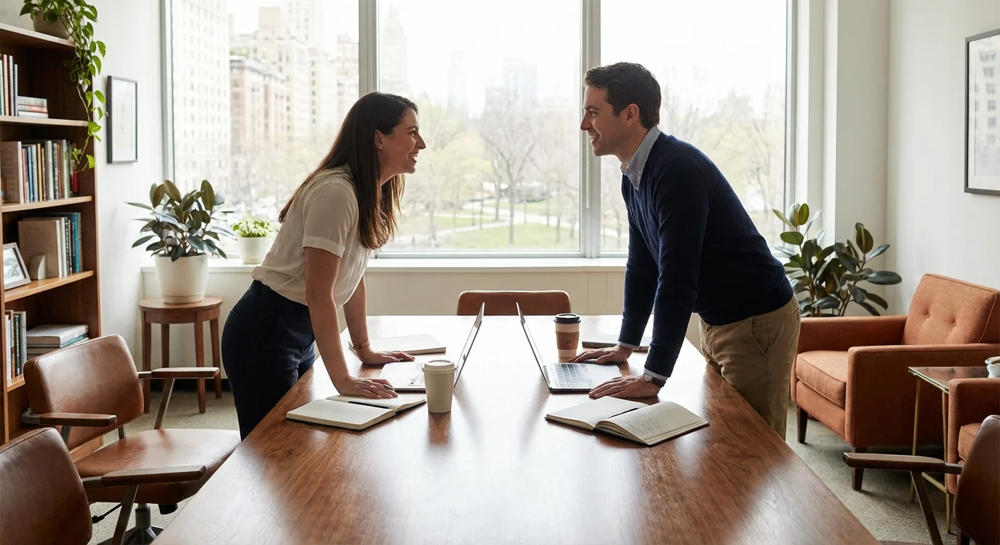 Two people engaged in a professional and friendly conversation at a table.