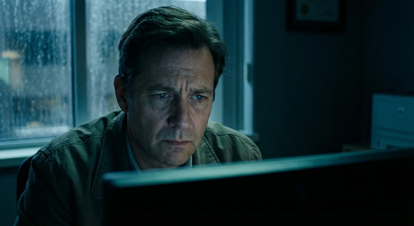 A professional looking concerned while working at a computer, representing career challenges.