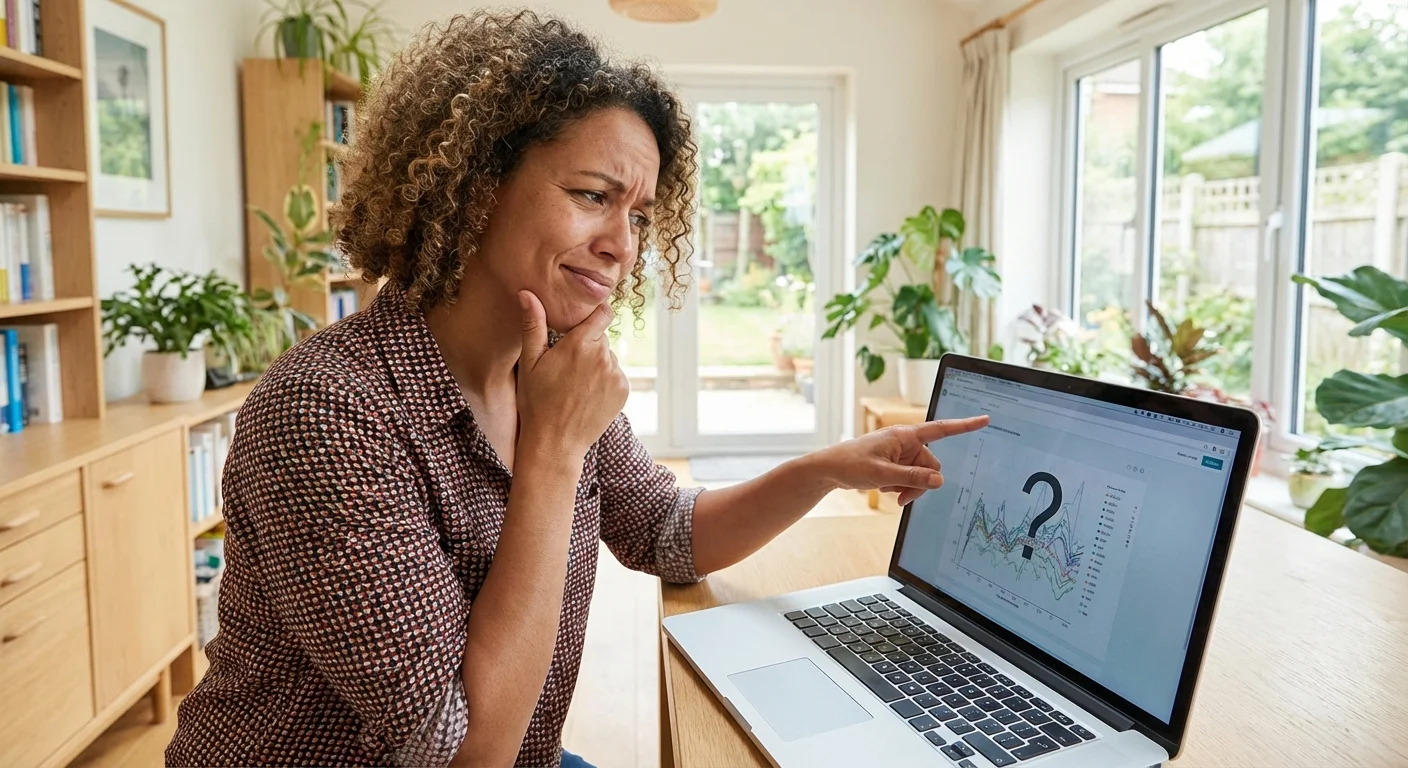 A person looking curiously at a laptop screen in a bright office.