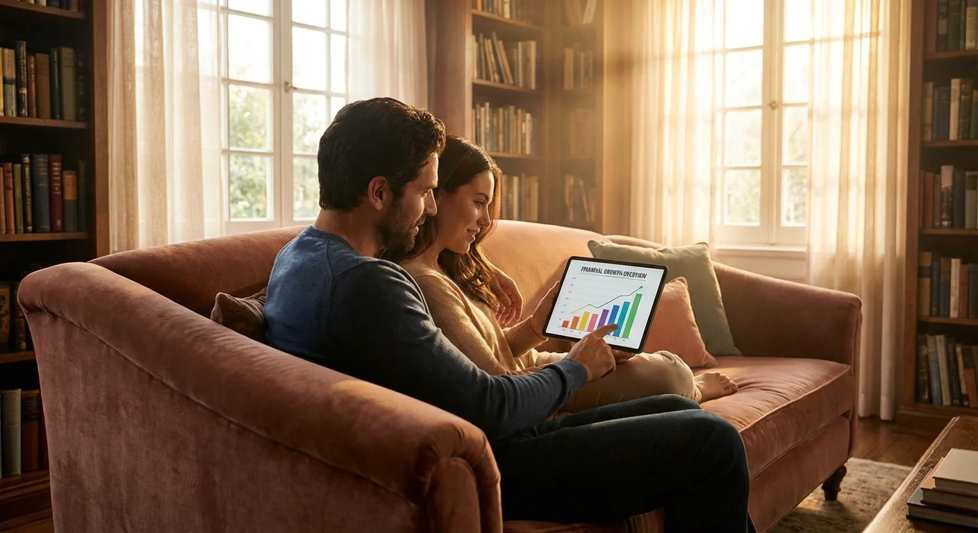 A couple reviewing a financial growth chart on a tablet in their living room.