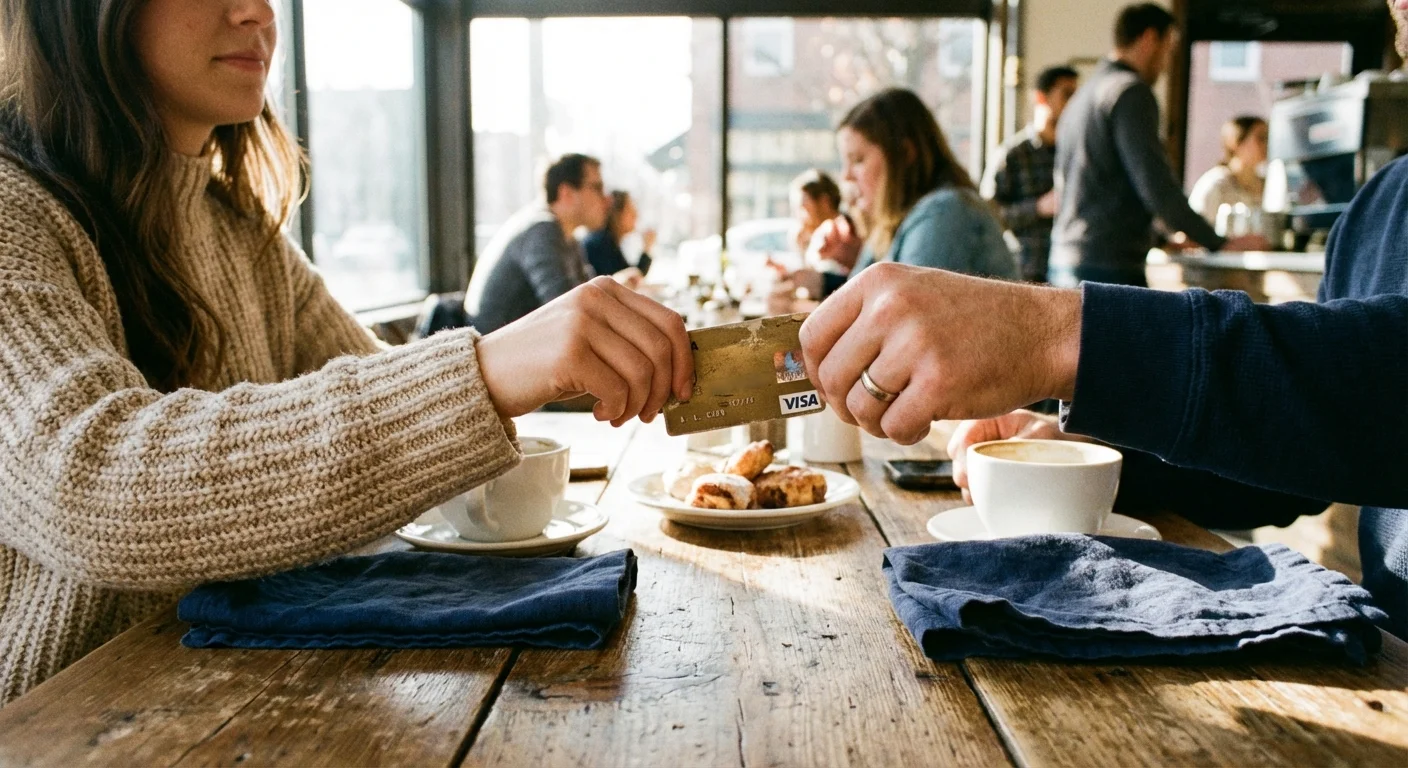 Two people at a table discussing a credit card, focusing on their hands.