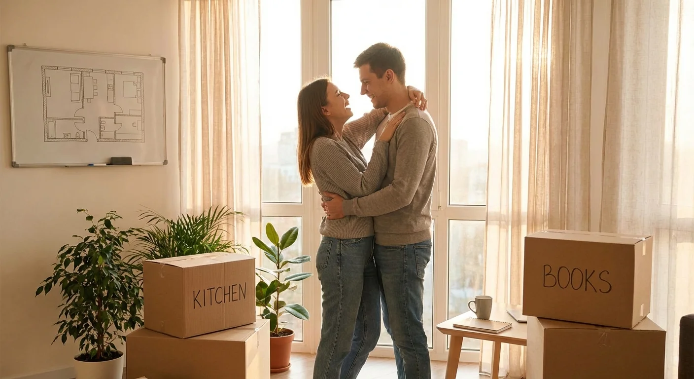 Couple laughing in their new apartment, symbolizing security.