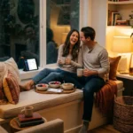 Happy couple laughing on a window seat in a cozy living room with a fireplace.