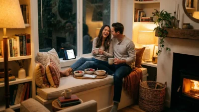 Happy couple laughing on a window seat in a cozy living room with a fireplace.
