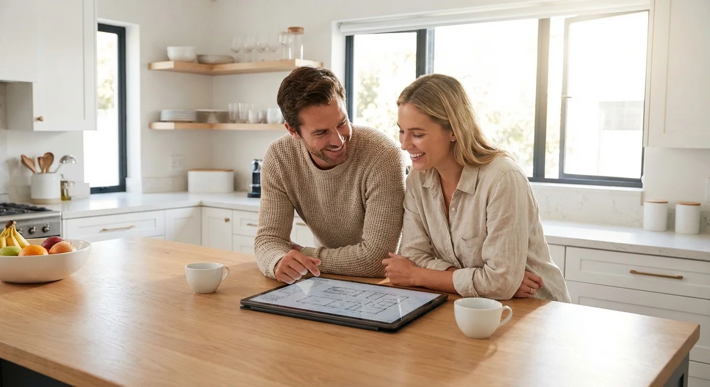 A couple discussing financial options together in a bright kitchen.