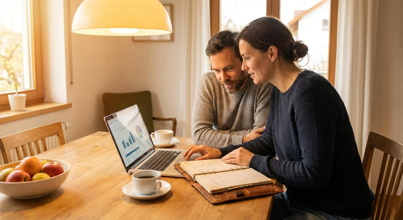 A couple discussing their financial plan with a laptop and planner.
