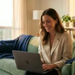 A person looking at a laptop in a sunlit, modern living room, representing financial confidence.