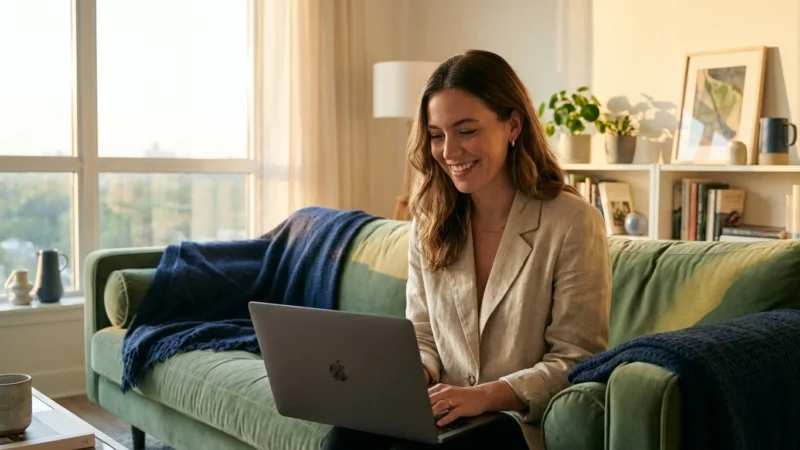 A person looking at a laptop in a sunlit, modern living room, representing financial confidence.