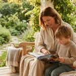 A mother and son looking at a college brochure on a sunny porch, representing future planning.