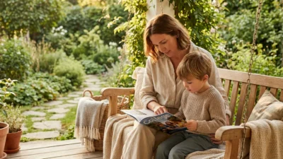 A mother and son looking at a college brochure on a sunny porch, representing future planning.