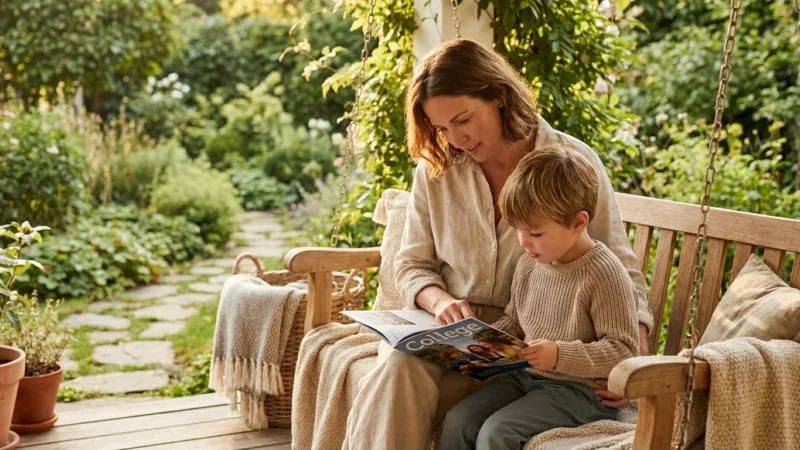 A mother and son looking at a college brochure on a sunny porch, representing future planning.