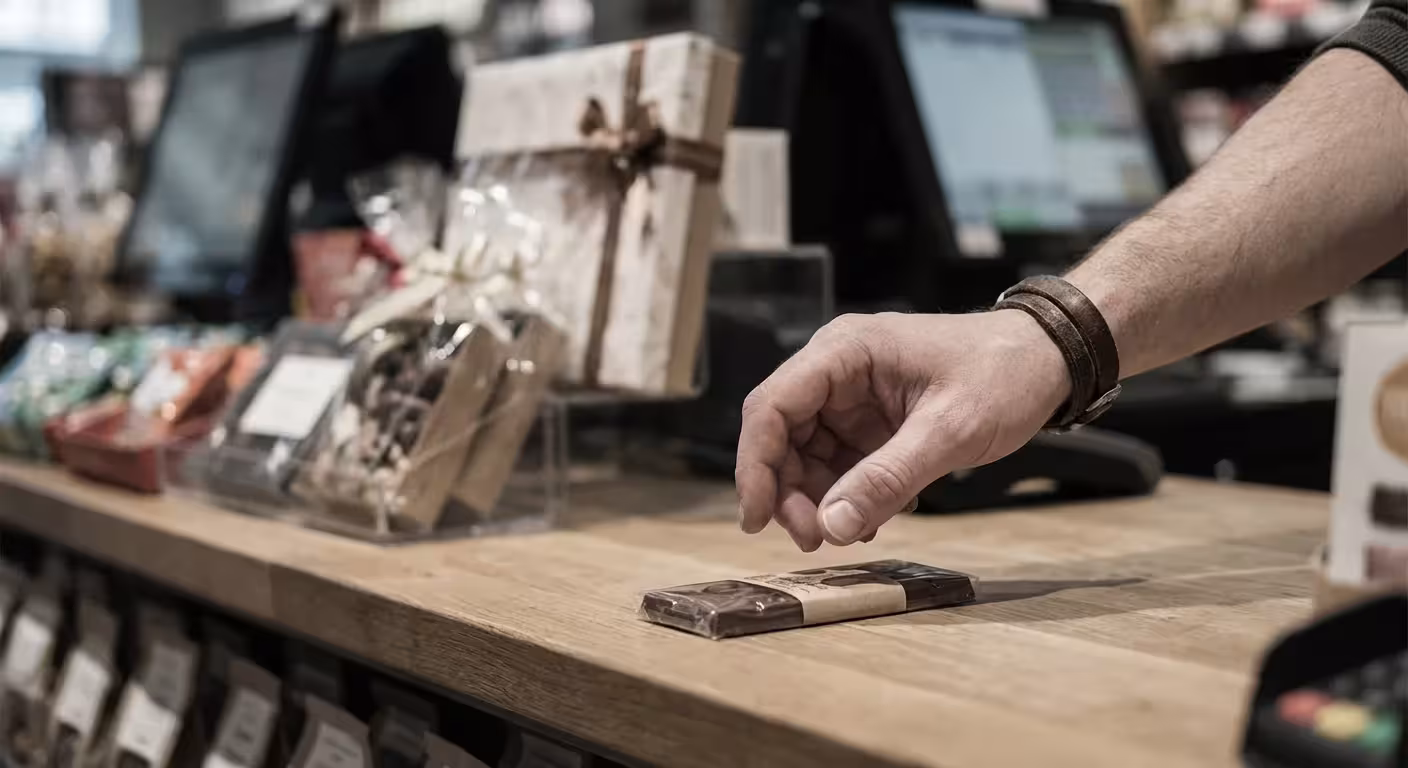 A close-up of a hand hesitating before picking up an extra item at a store checkout.