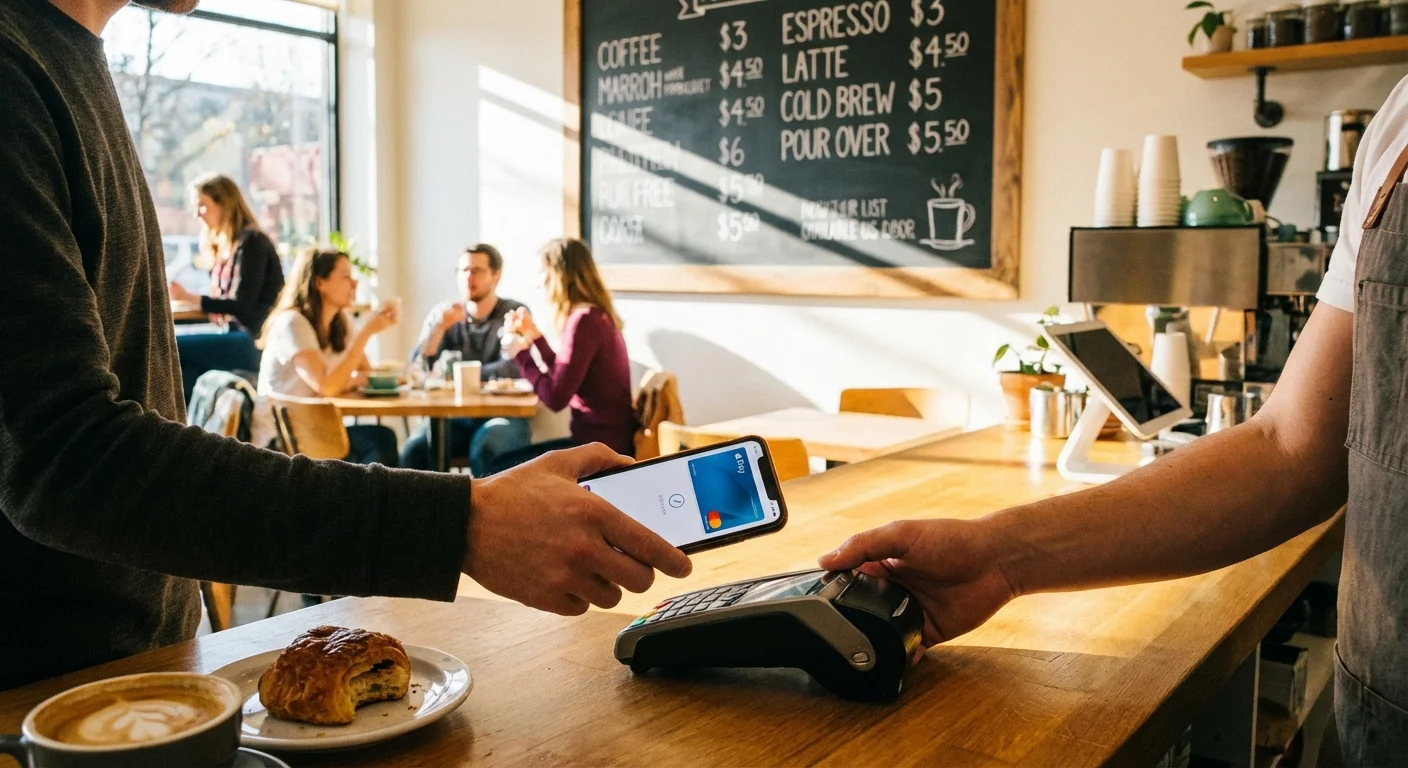 A customer paying for coffee in a modern cafe, illustrating demand-pull and cost-push inflation in daily life.