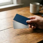 Close-up of a person holding two different payment cards over a wooden table in soft light.