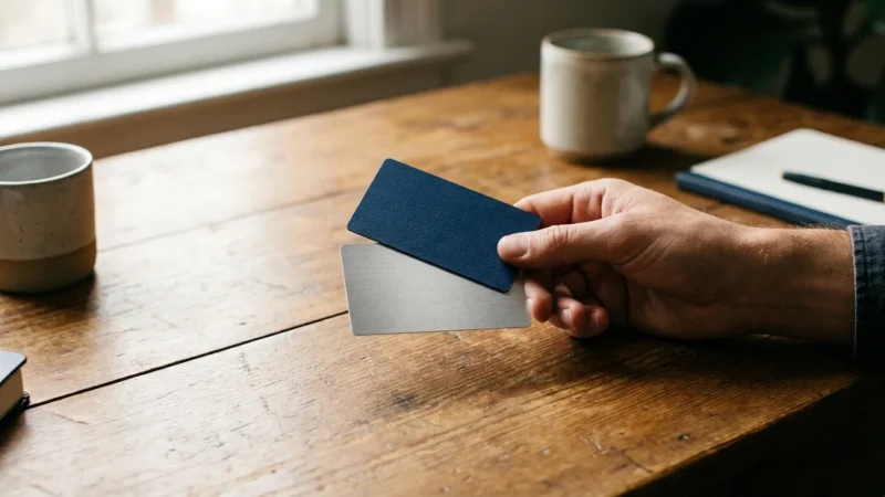 Close-up of a person holding two different payment cards over a wooden table in soft light.