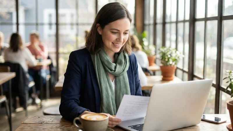 Young professional reviewing a job offer on a laptop in a bright cafe.