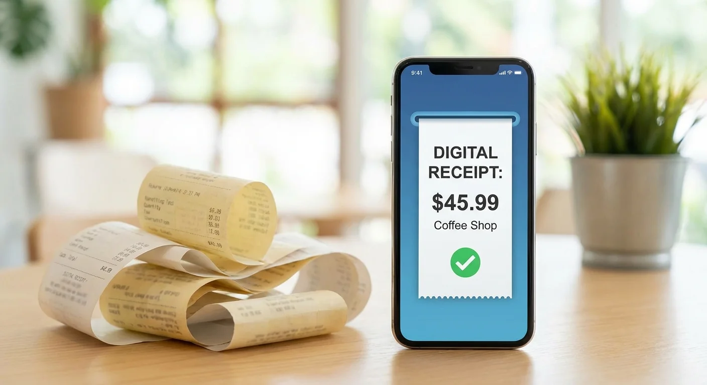 A clear digital receipt on a phone screen contrasted against a pile of faded paper receipts.