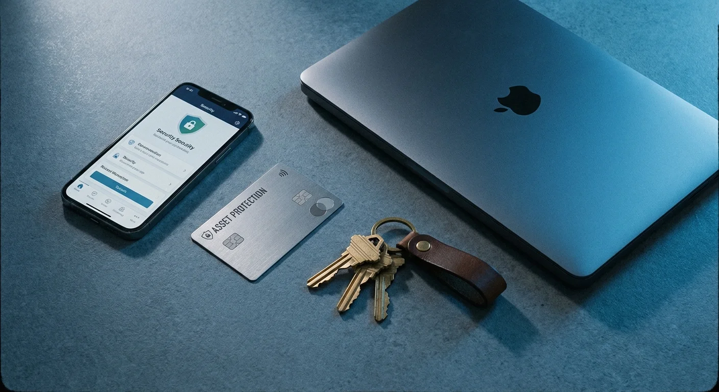 A flat lay of a smartphone, credit card, and keys representing personal assets.