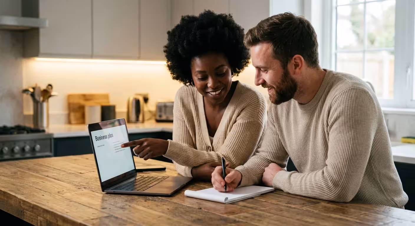 A couple discussing their finances and budget at a kitchen counter, symbolizing financial health management.