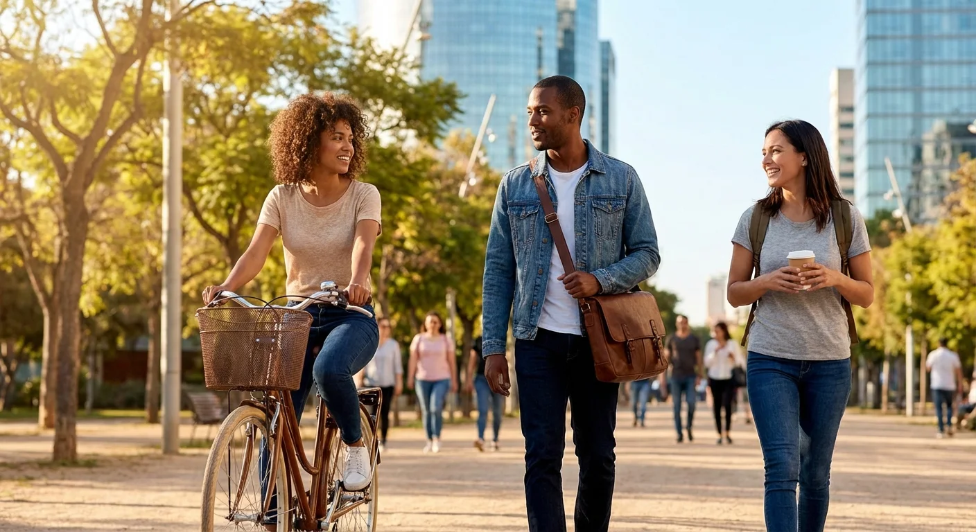 Group of urban commuters in a park representing car-free lifestyles.