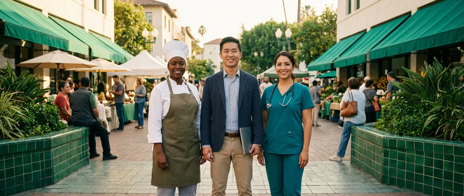 A diverse group of professionals standing in a sunlit urban plaza, representing various industries.