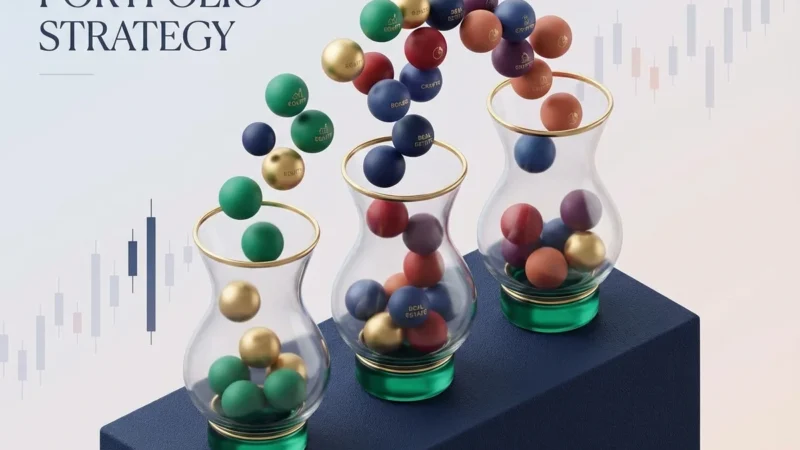 Colorful asset spheres jumping between glass vases illustrating a diversified investment portfolio strategy concept.
