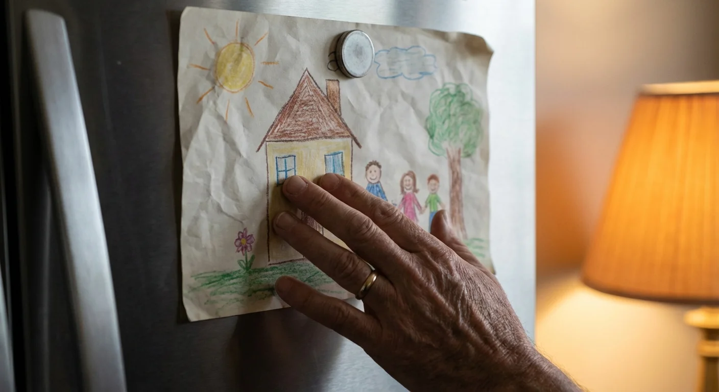 Close-up of a parent's hand on a child's drawing on a refrigerator.