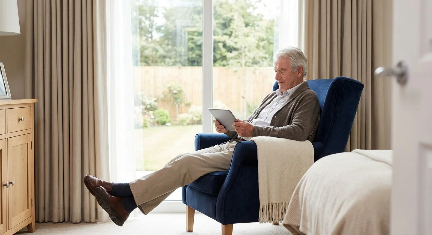 Elderly man looking thoughtfully at a screen in a sunlit living room.