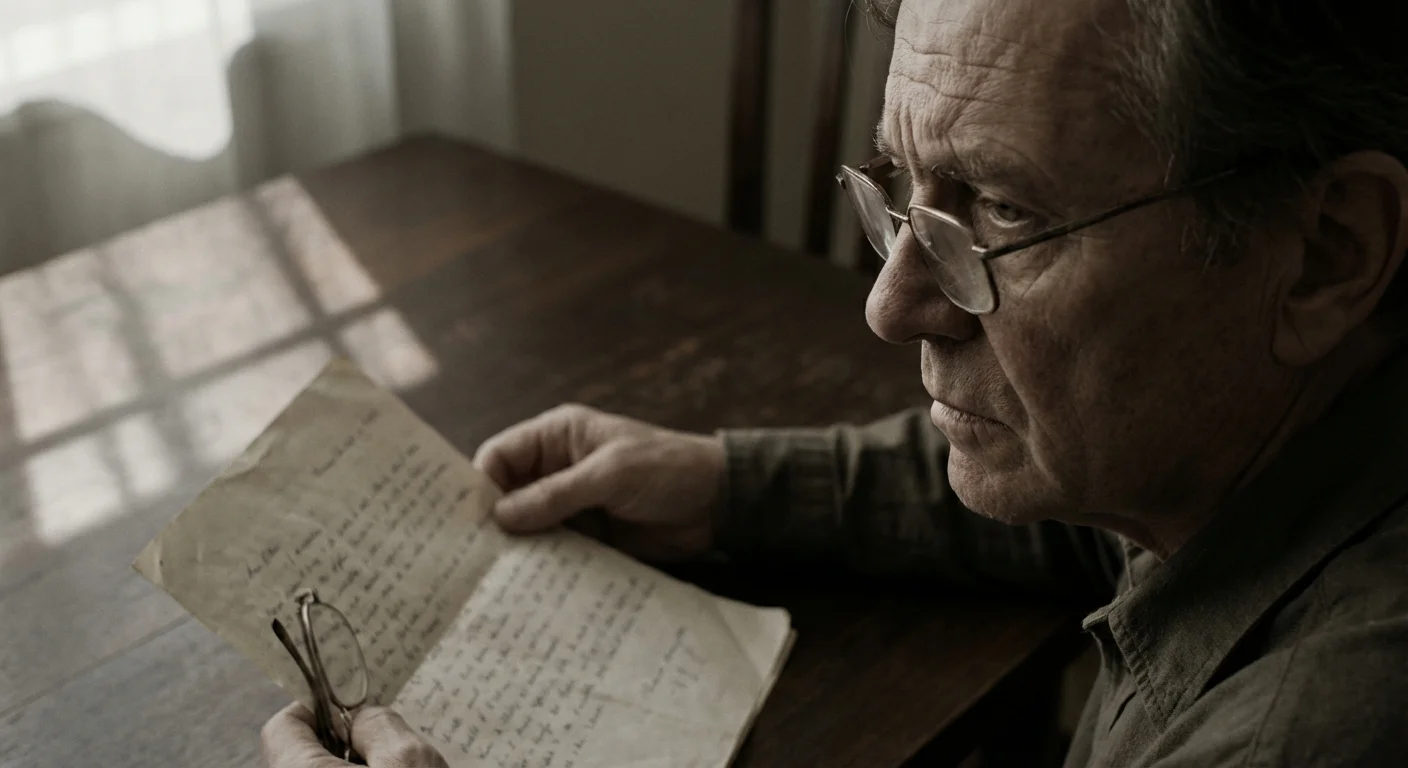 A person looking thoughtfully at a financial document with a serious expression.