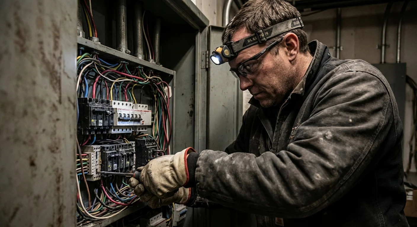 An electrician working on a complex wiring panel in a challenging environment.