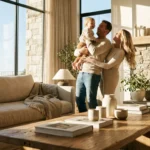 A happy young family sharing a loving moment in their bright, modern home, symbolizing security and peace of mind.