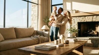 A happy young family sharing a loving moment in their bright, modern home, symbolizing security and peace of mind.