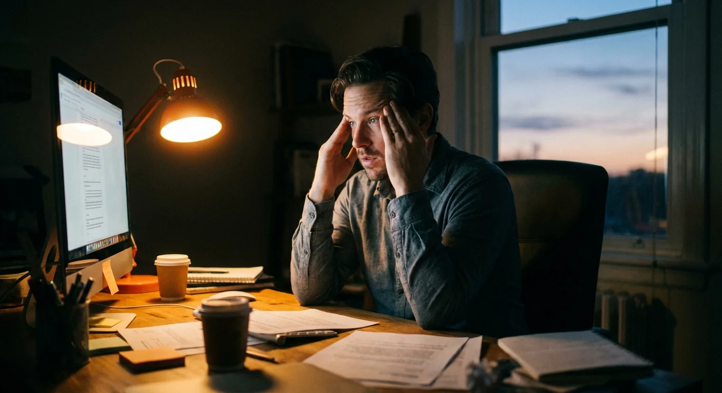 A person looking stressed in front of a computer screen at night.