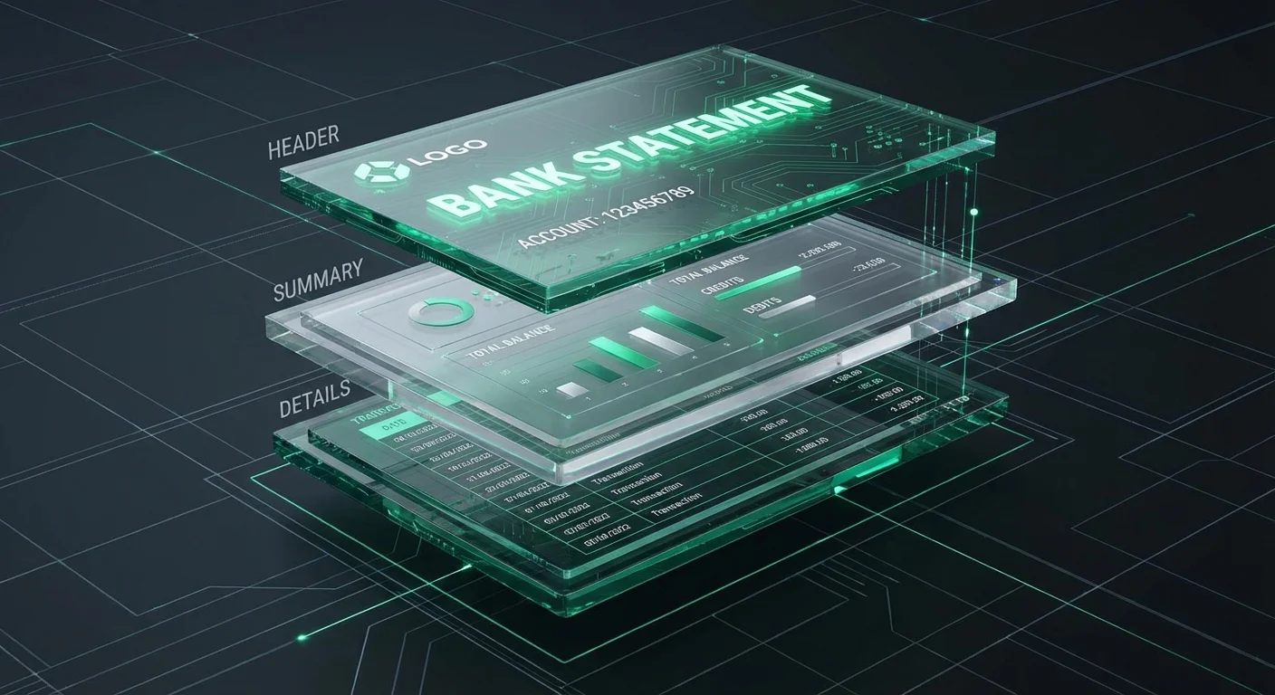 Exploded 3D view of a bank statement showing its internal sections and layers.