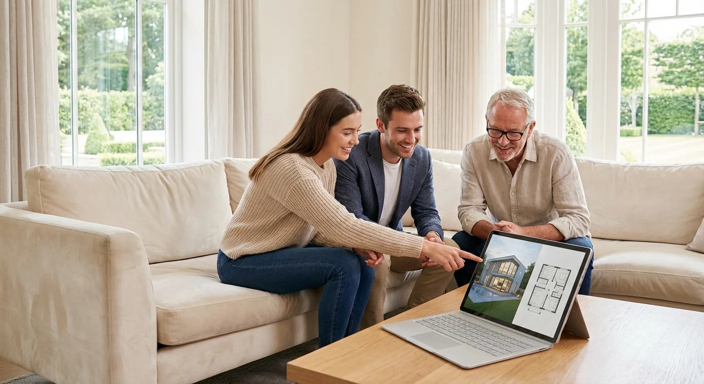 Family members reviewing house plans on a tablet in a bright living room.