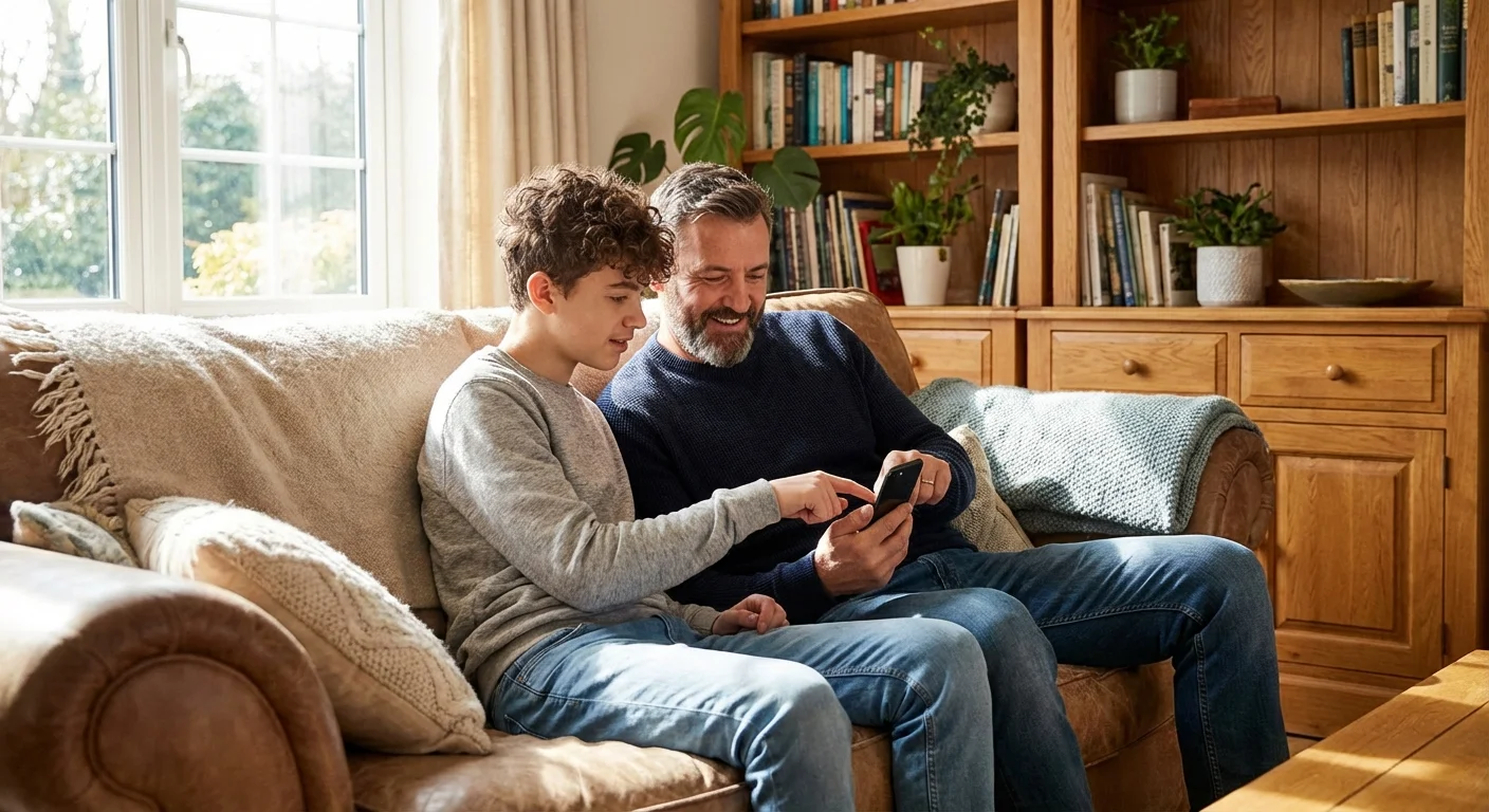 A father teaching his teenage son about finance using a smartphone.