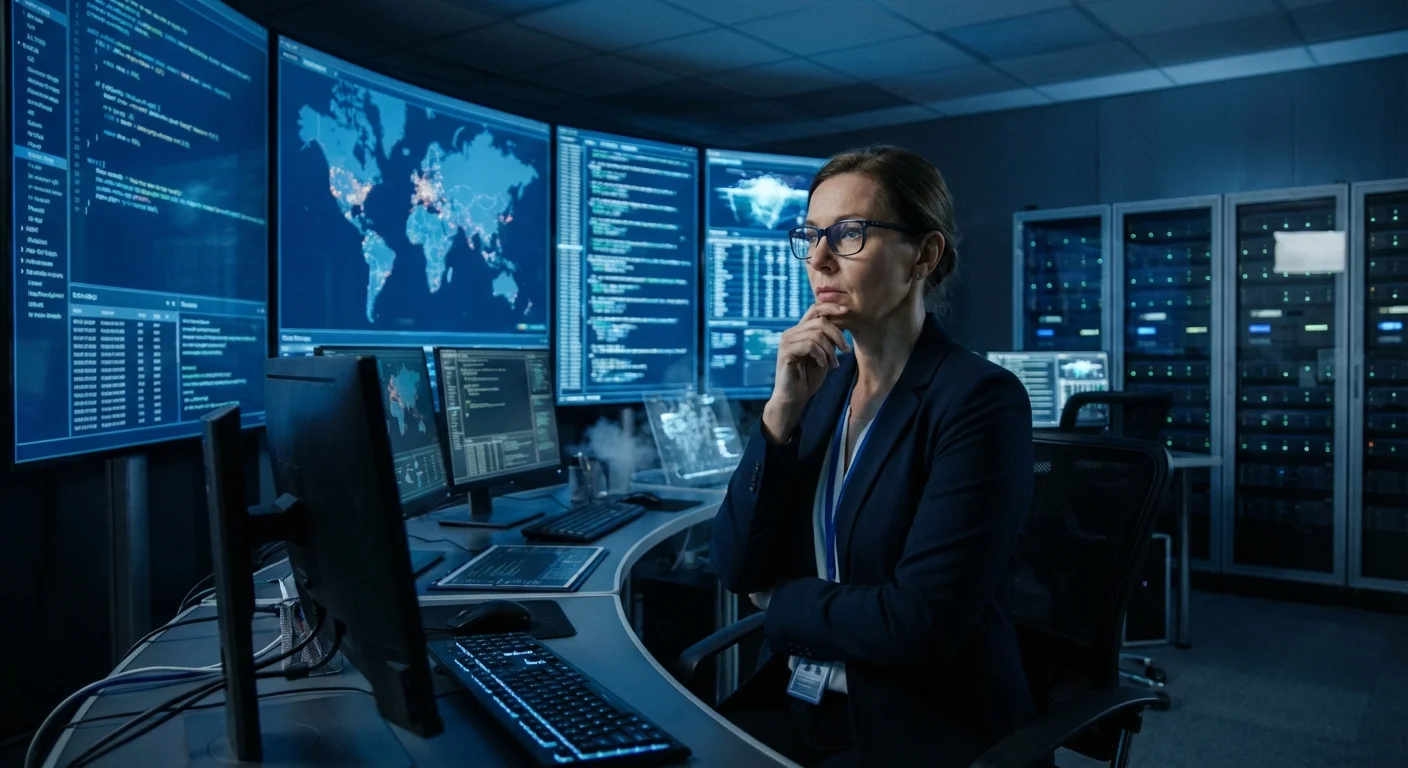 A cybersecurity professional strategically analyzing data in a high-tech control room.
