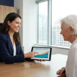 Financial advisor showing growth chart on tablet to senior woman in city office