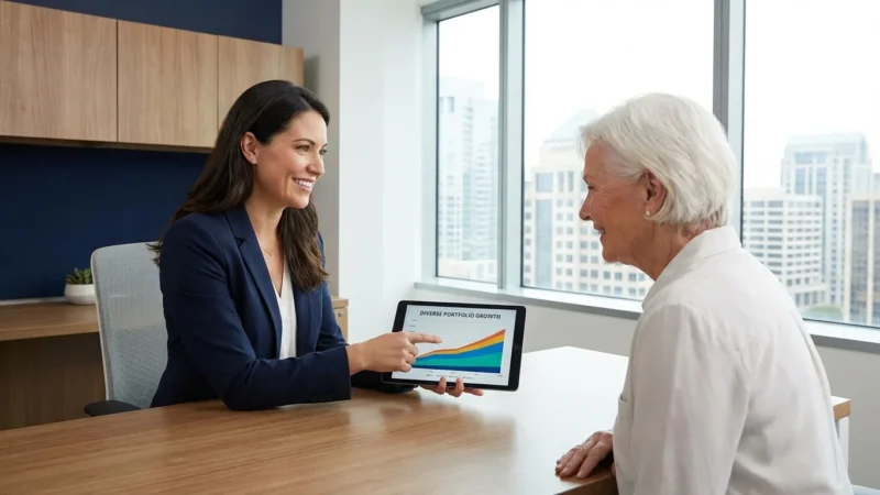Financial advisor showing growth chart on tablet to senior woman in city office