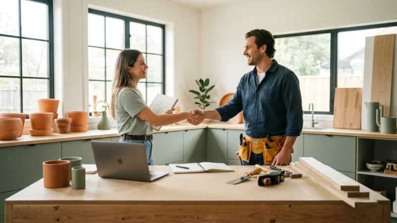 Smiling woman shaking hands with a carpenter wearing a tool belt in a modern workshop.