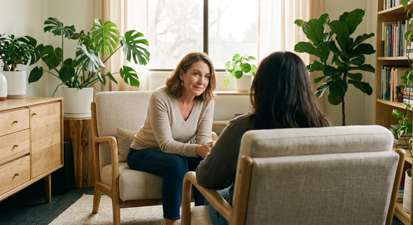 A therapist engaged in a deep, empathetic conversation with a client in a cozy office.