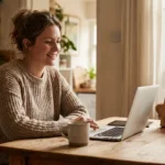 A woman smiling at a laptop in a sunlit kitchen, representing a successful head of household.