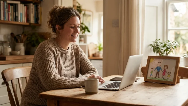 A woman smiling at a laptop in a sunlit kitchen, representing a successful head of household.