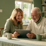 Adult daughter and elderly father looking at a tablet together in a bright, warm kitchen.