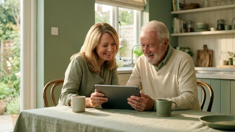 Adult daughter and elderly father looking at a tablet together in a bright, warm kitchen.