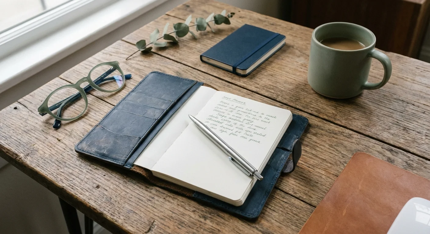 Flat-lay of a desk with a planner and pen, suggesting a comparison of options.