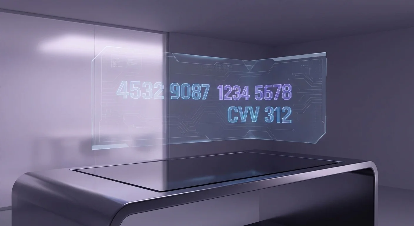 Floating 3D digital numbers and card details in a sleek, holographic interface.