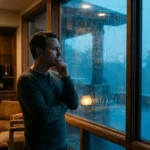 A homeowner looking out a window at a heavy rainstorm, symbolizing financial concern and home protection.